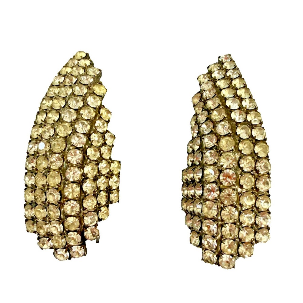Mid-Century Clip-on Rhinestone Prong-set Silver-Toned Leaf/Geometric Shape